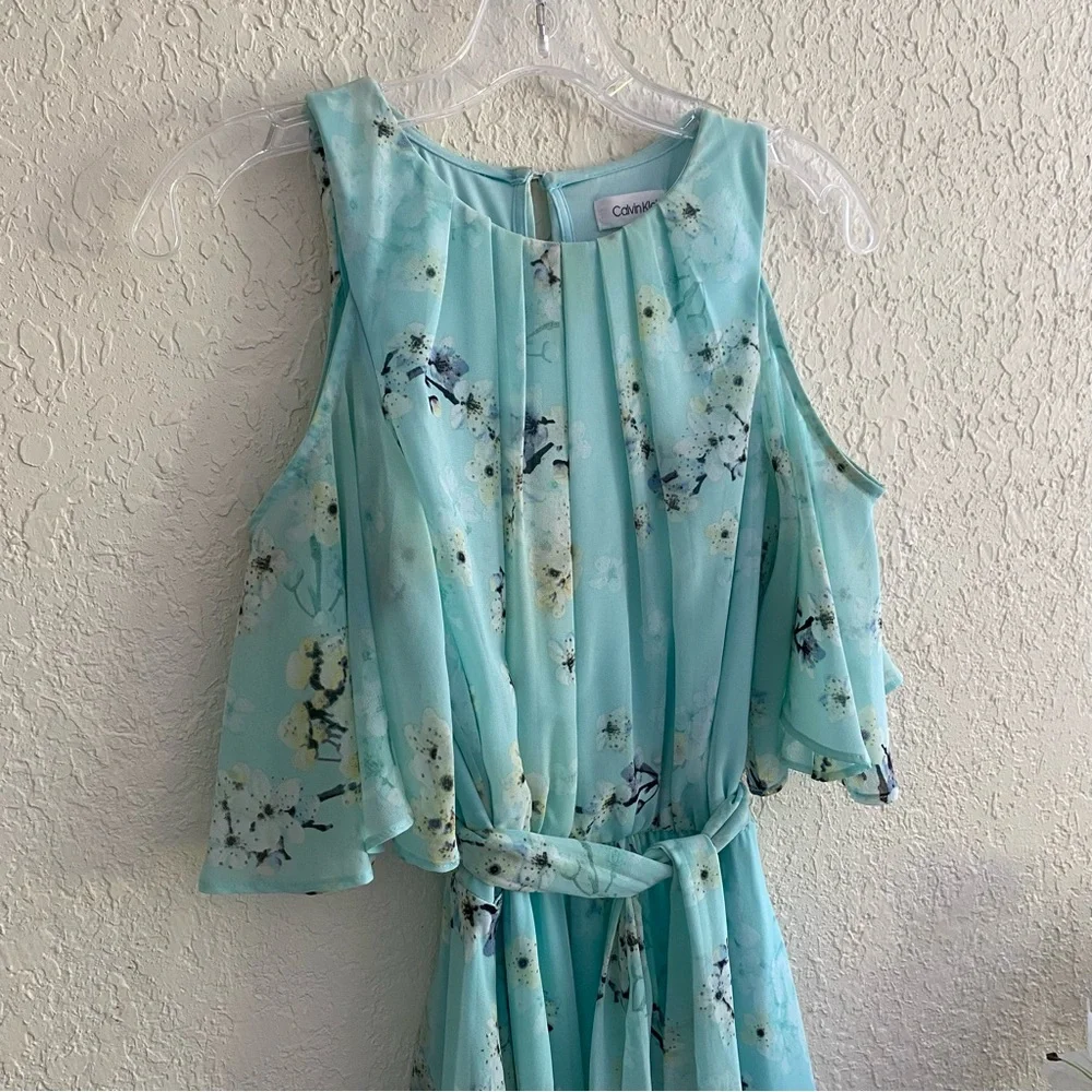 Calvin Klein 6 Maxi Dress Aqua Blue Asian Floral Cold Shoulder Chiffon Flowy - Picture 5 of 13